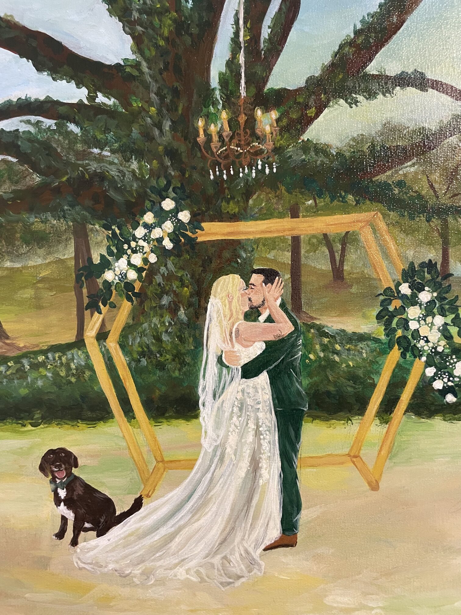 Live wedding painting of a first dance beneath a live oak