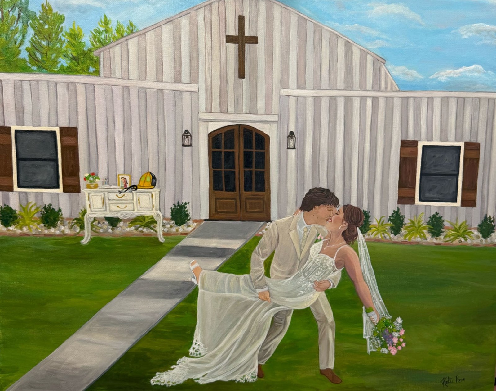 Live wedding painting of a couple sharing a dip kiss on the lawn before a white chapel