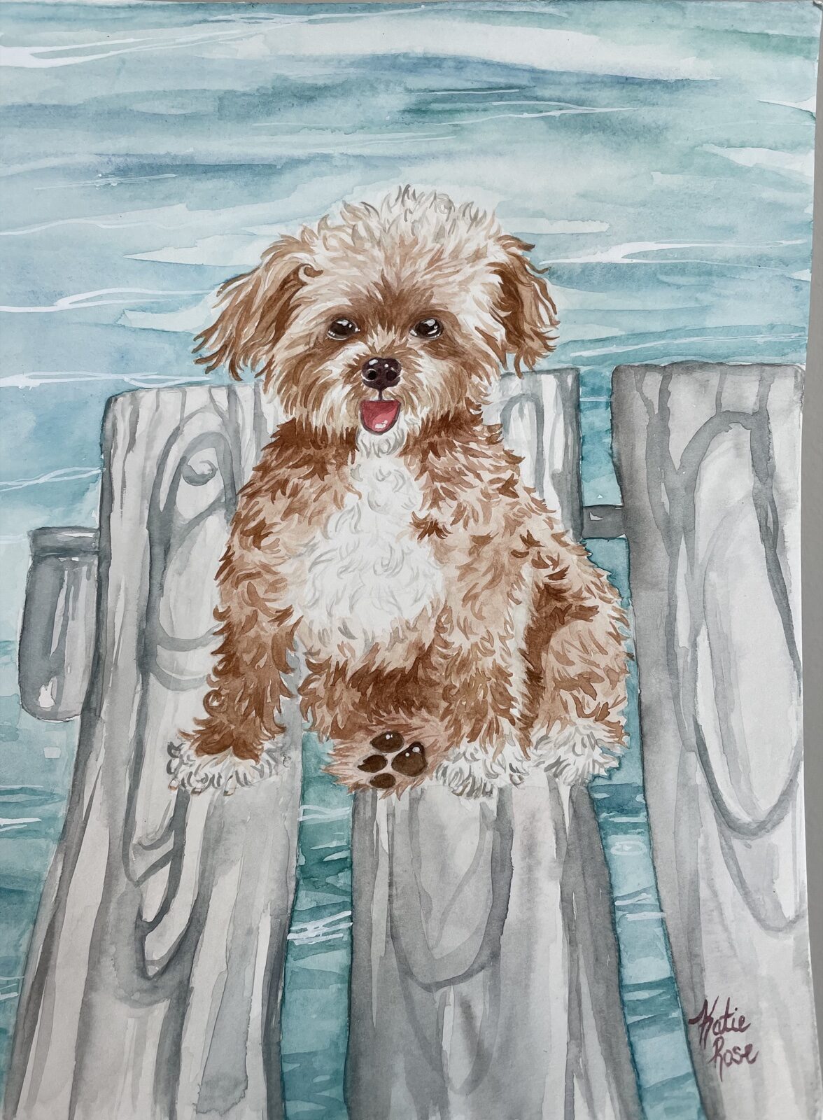 A watercolor pet portrait of a doodle, painted from a photograph