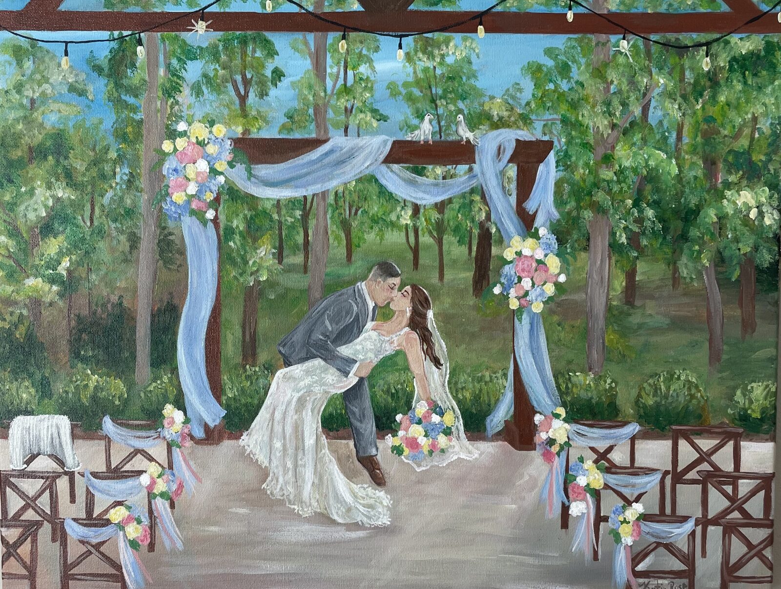 A painting of a couple's dip kiss beneath a blue-draped ceremony arbor, recreated from a photograph in a live-painting style