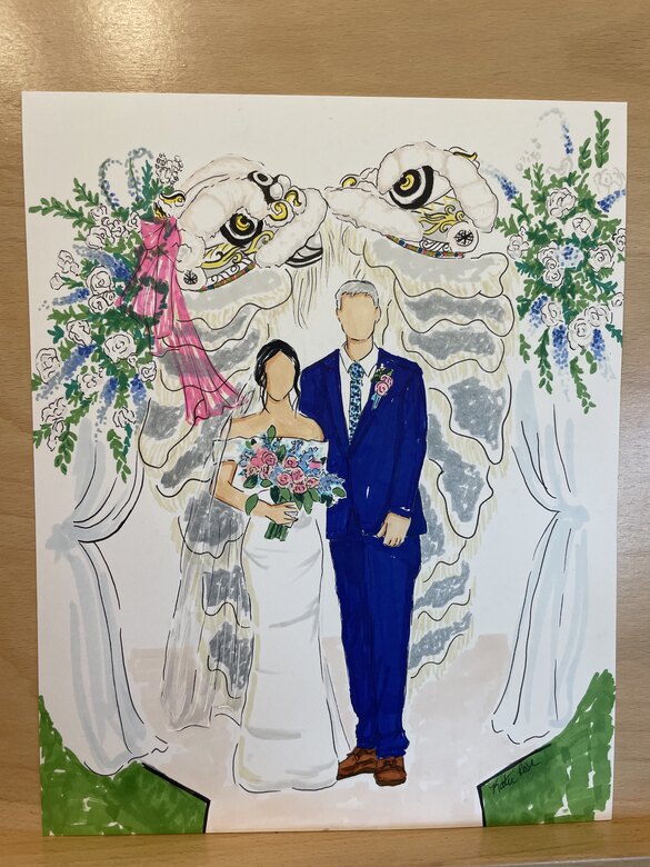 Illustration of a bridal party framed by florals