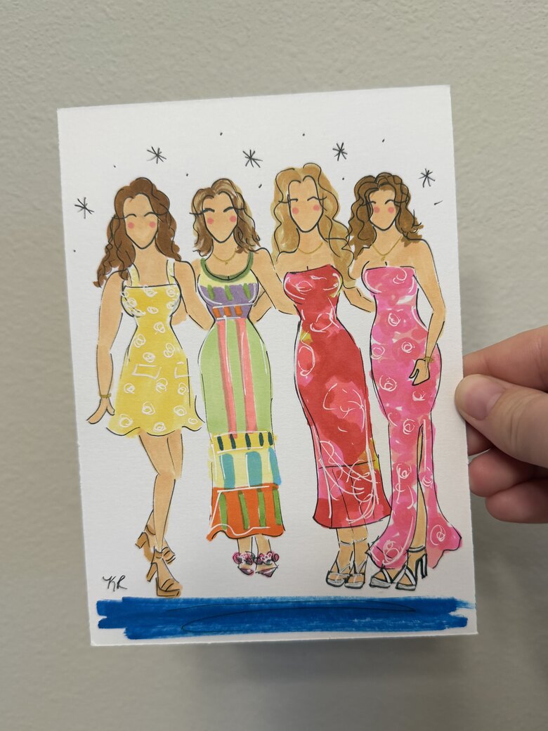 Fashion illustration of four guests in colorful gowns, drawn live at their event