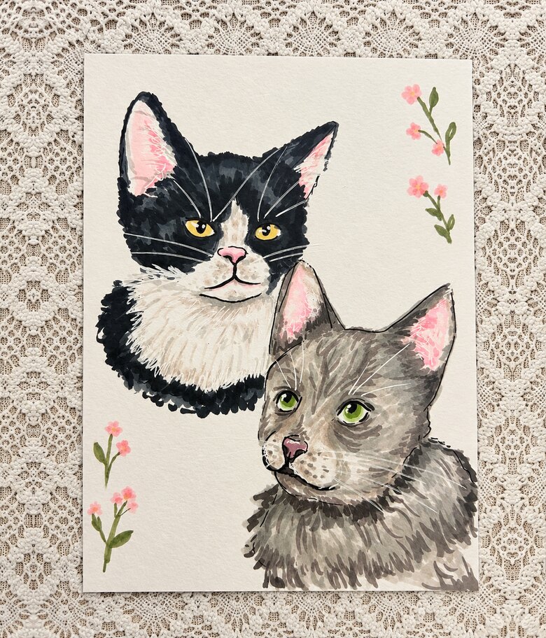 Custom pet portrait of two cats, a tuxedo and a grey tabby, hand-illustrated with pink blossoms