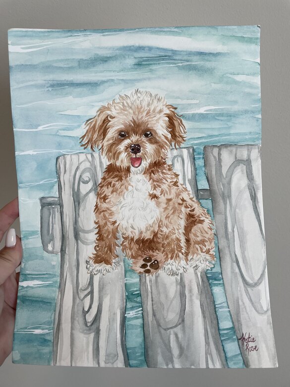 Watercolor pet portrait of a doodle on a dock