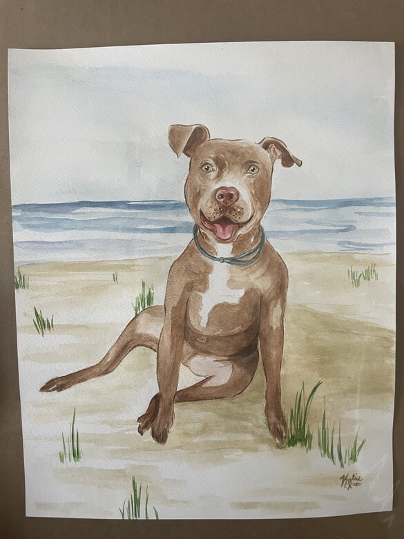 Watercolor pet portrait of a dog on the beach