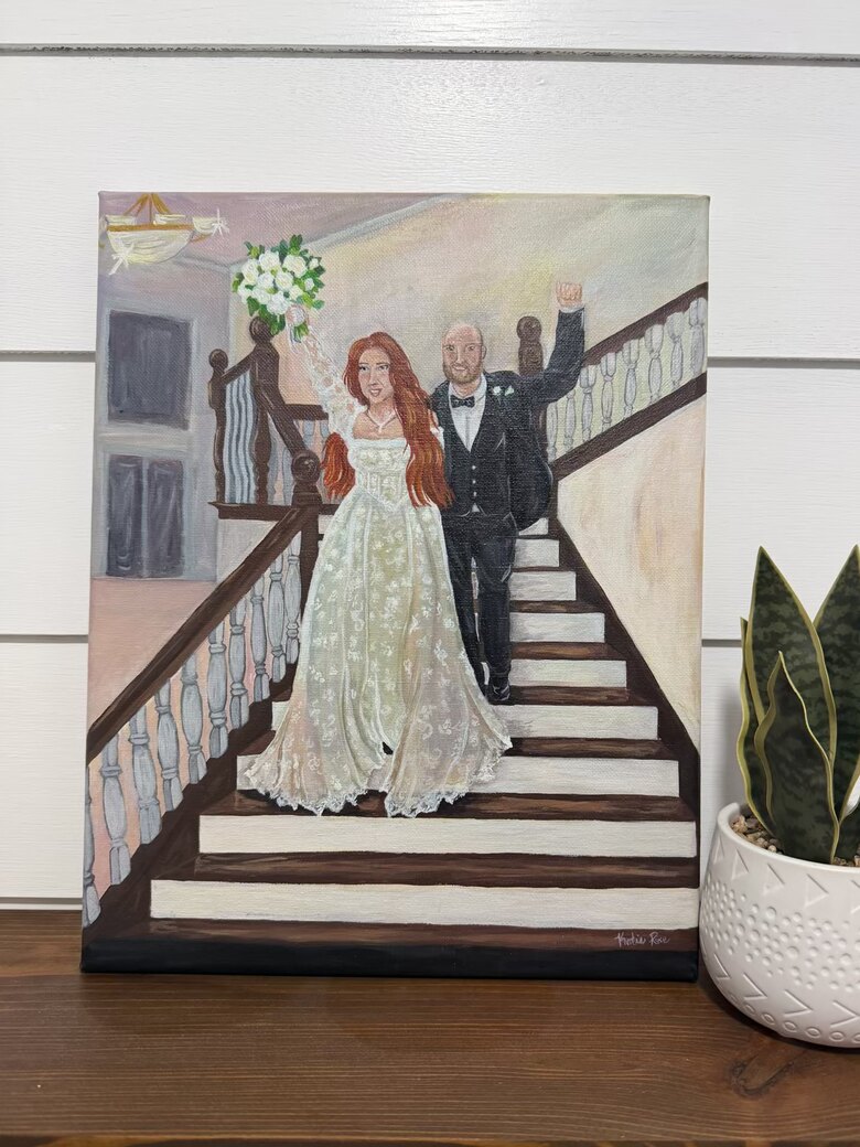Live wedding painting of a bride and groom making their grand exit down the staircase