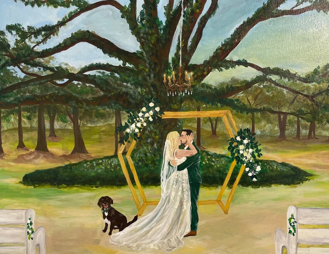 A finished, framed heirloom painting of a couple beneath a live oak