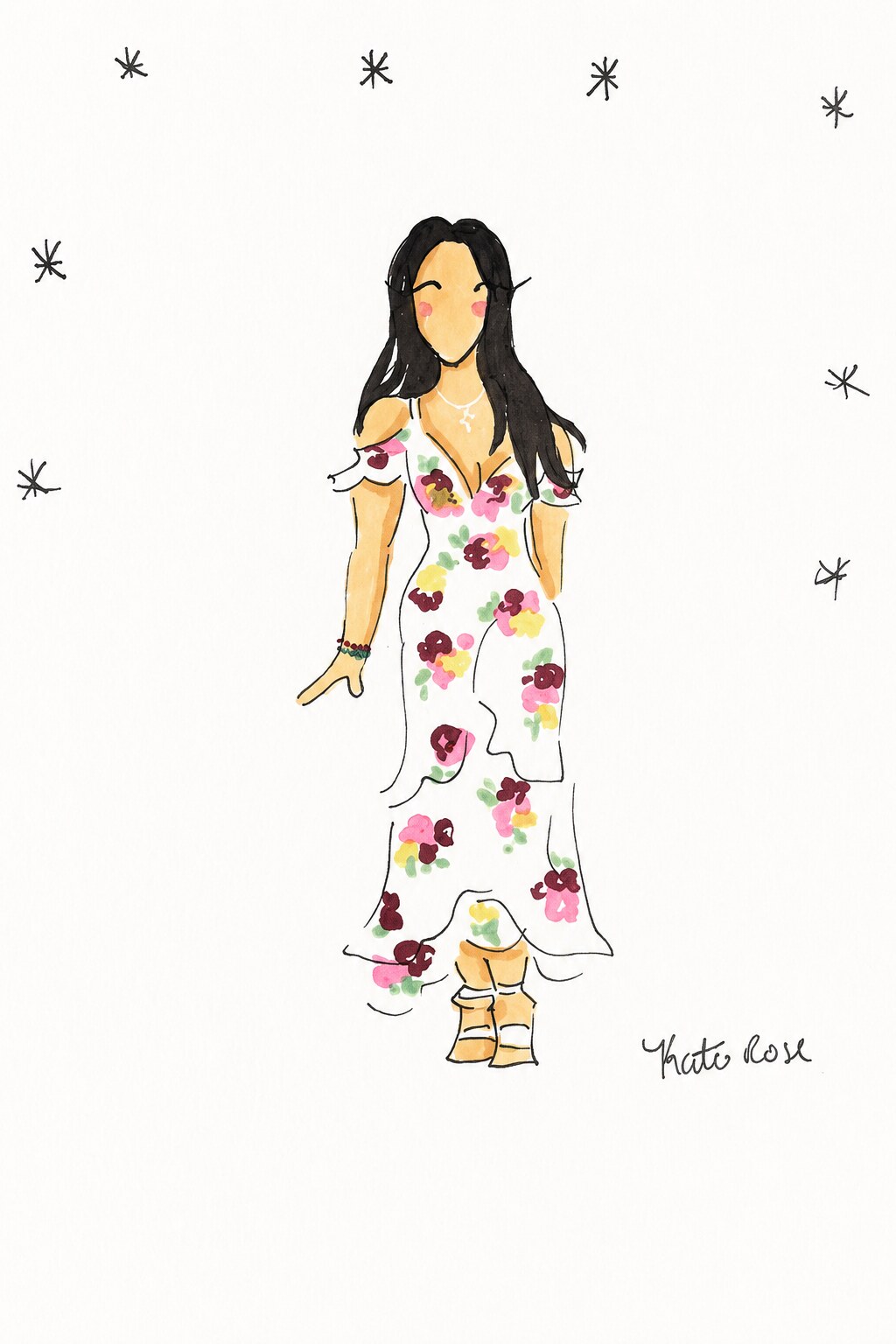 Fashion illustration of a guest in a floral gown