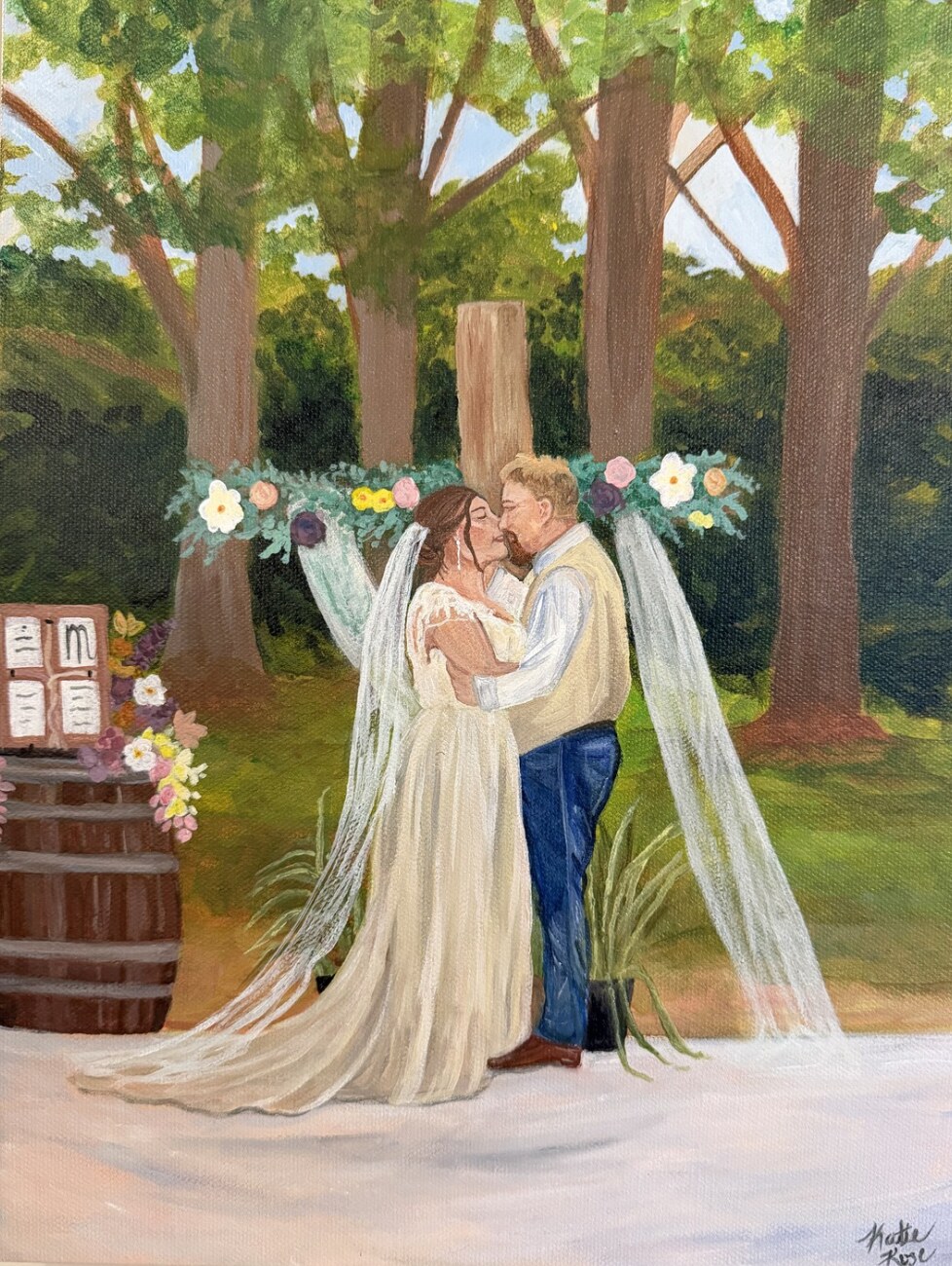 Heirloom live wedding painting — a first kiss among the trees