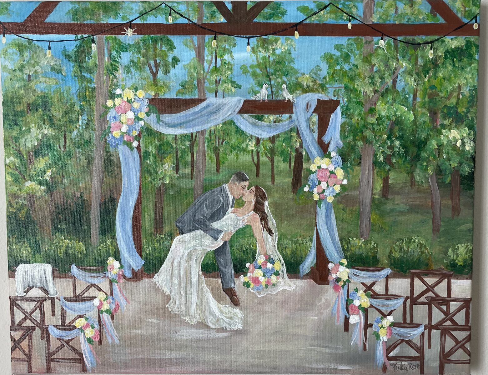 Heirloom live wedding painting — a dip kiss beneath a draped pergola