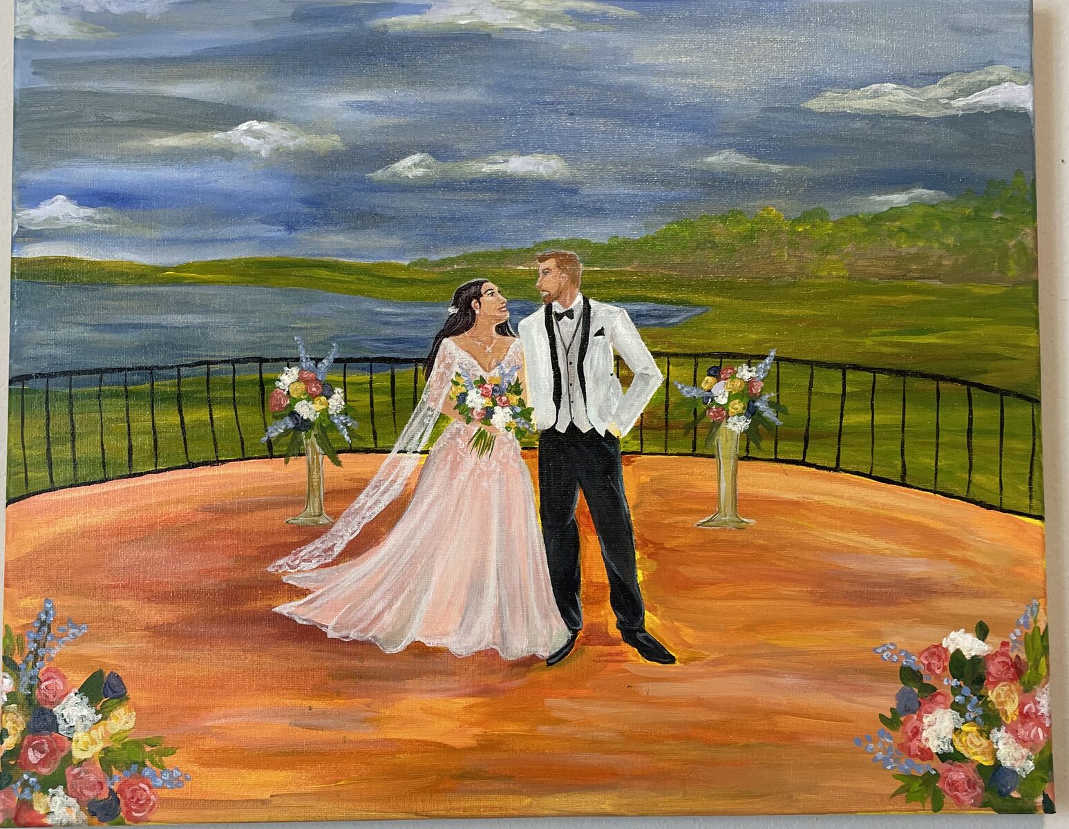 Heirloom live wedding painting of a couple overlooking the water