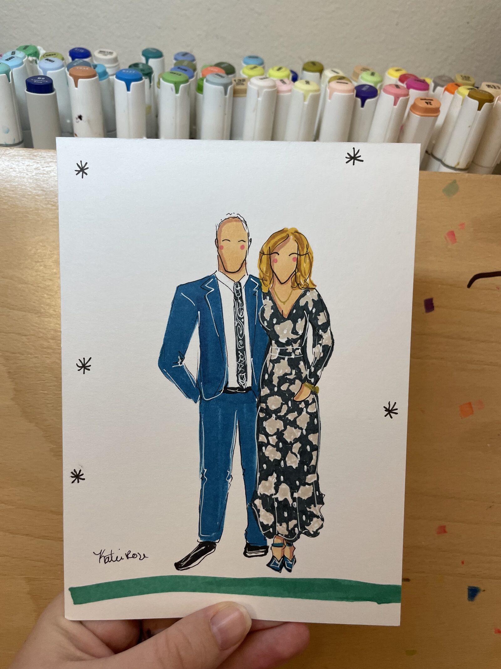 Fashion illustration of a couple, drawn live at their event